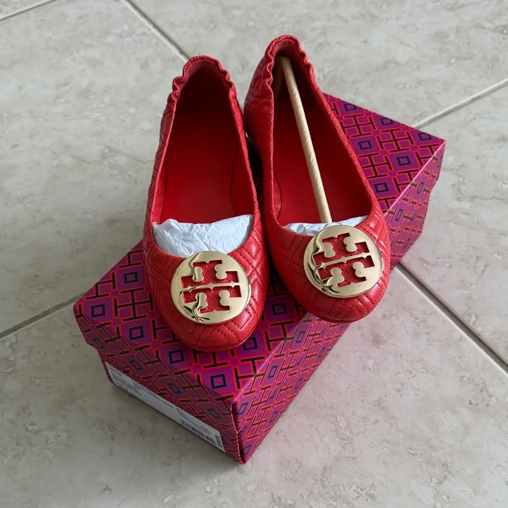 Tory Burch Dark Orange Minnie Travel Ballet Quilted Flats